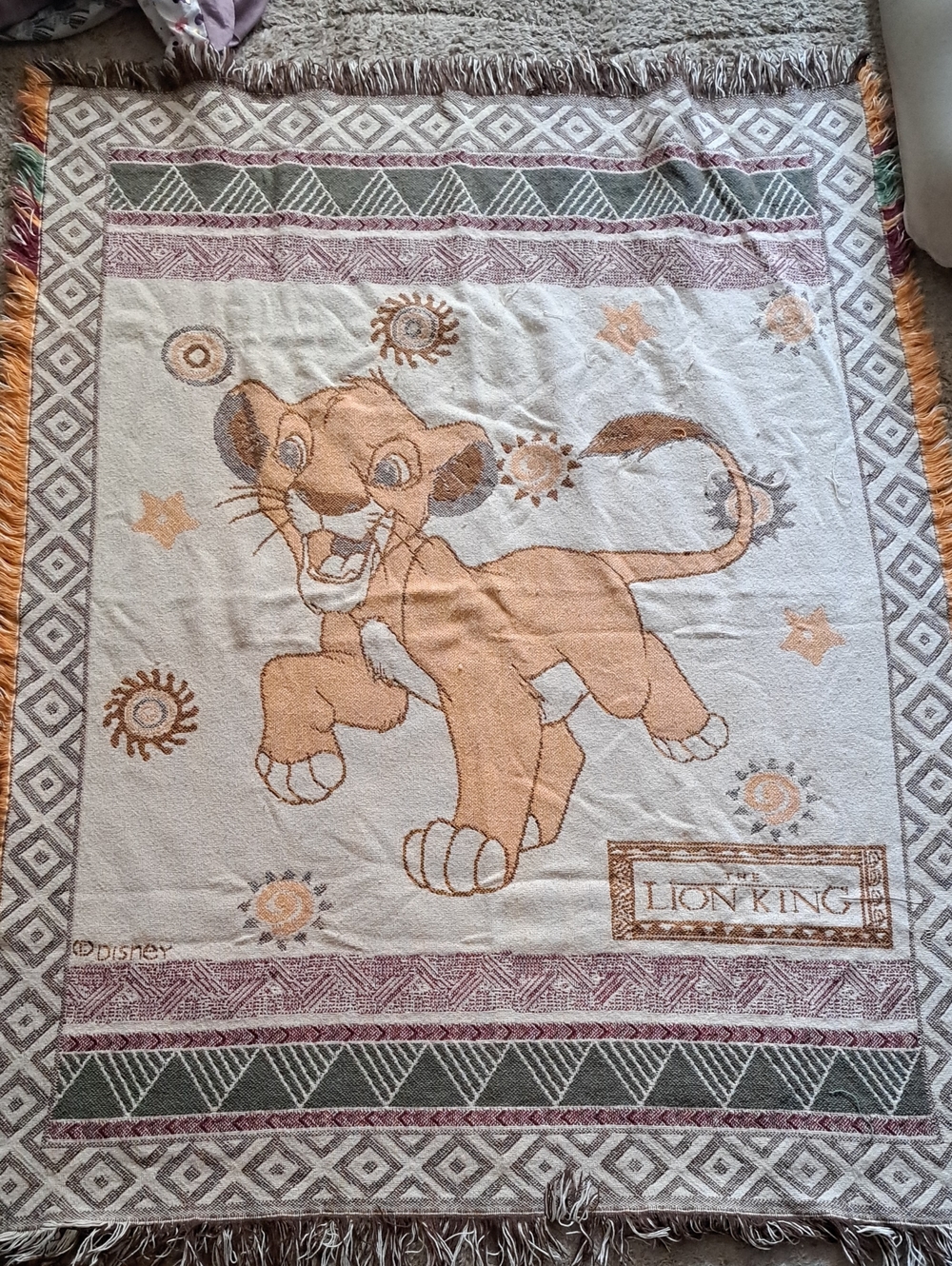 Vintage Disney Lion King Simba Throw Blanket in Beige, Tan and Green Accents